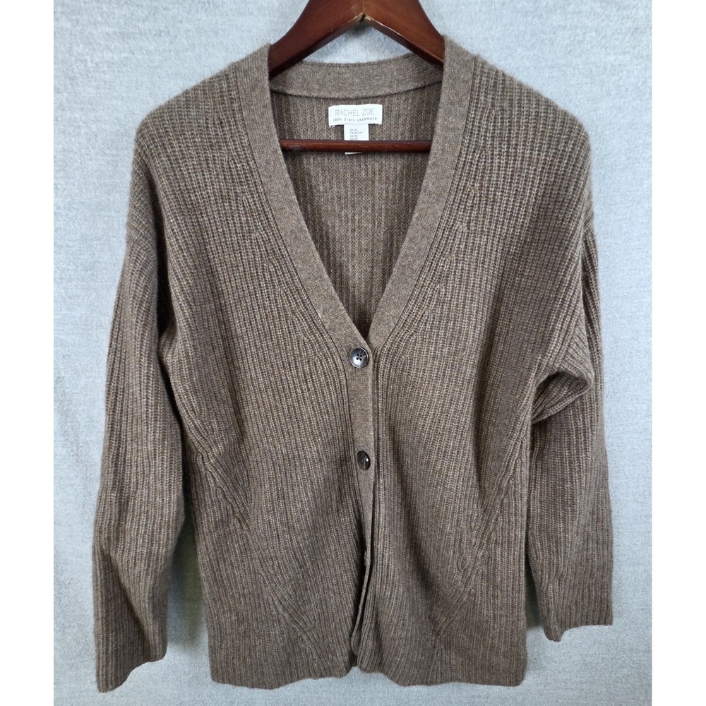 Rachel Zoe 100% Cashmere XS Cardigan Sweater Brown Ribbed Relaxed Button Up